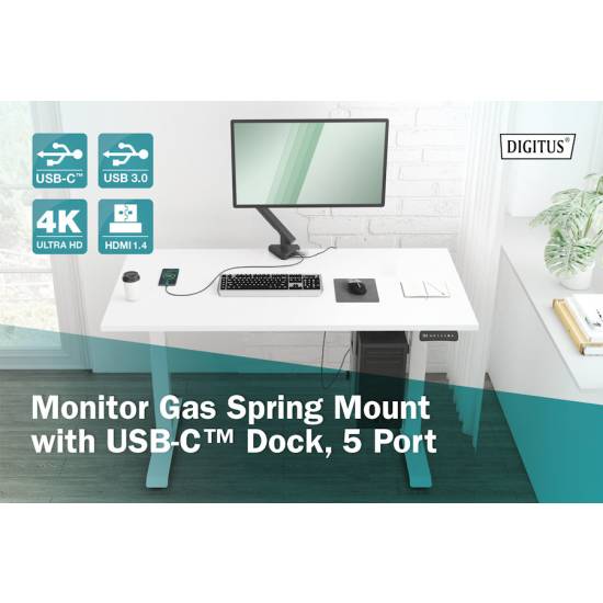 Ramię do monitora LCD ze sprężyną gazową HDMI VGA USB-C PD 87W Digitus DA-90405