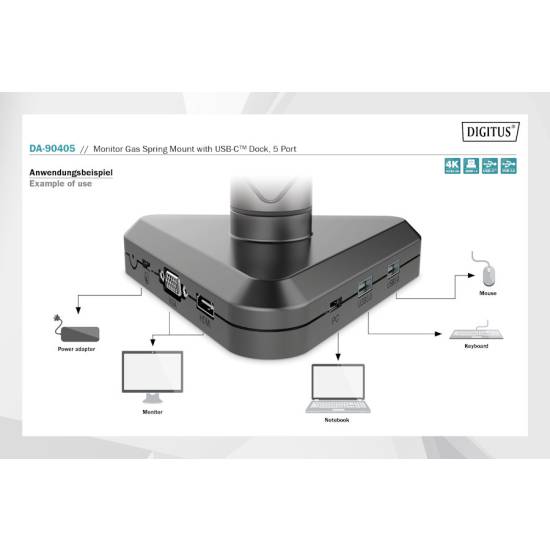Ramię do monitora LCD ze sprężyną gazową HDMI VGA USB-C PD 87W Digitus DA-90405