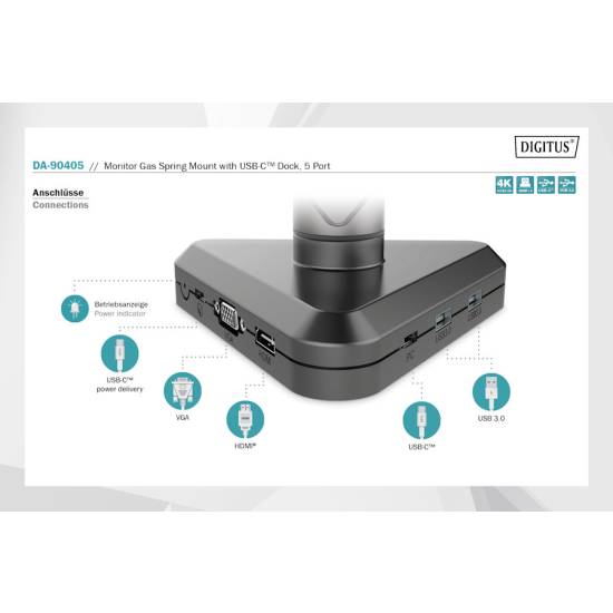 Ramię do monitora LCD ze sprężyną gazową HDMI VGA USB-C PD 87W Digitus DA-90405