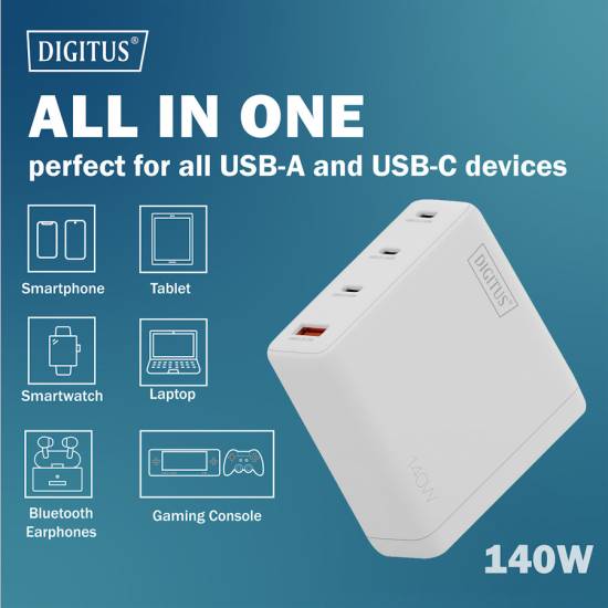 Ładowarka sieciowa zasilacz 140W GaN II USB-A x1 USB-C x3 Digitus DA-10305