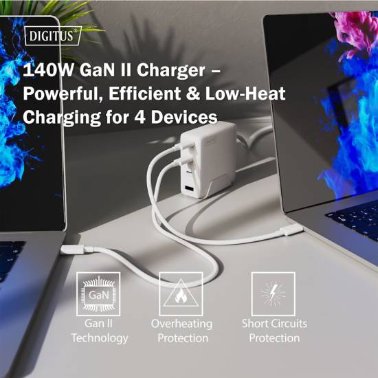 Ładowarka sieciowa zasilacz 140W GaN II USB-A x1 USB-C x3 Digitus DA-10305