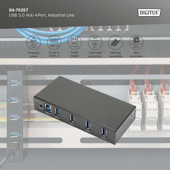 Hub USB 3.0 4-portowy przemysłowy metalowa obudowa aktywny Digitus DA-70257
