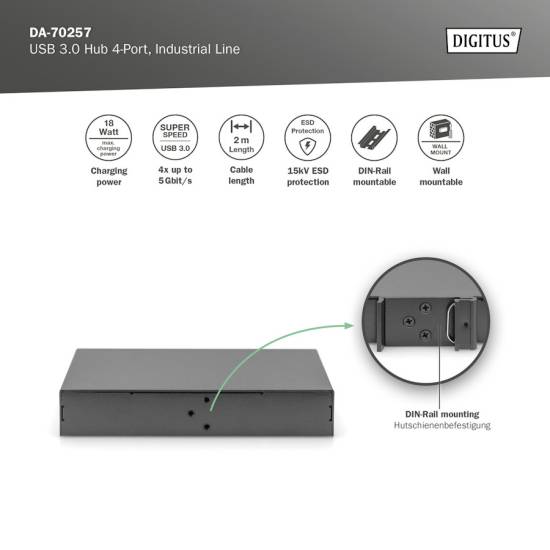 Hub USB 3.0 4-portowy przemysłowy metalowa obudowa aktywny Digitus DA-70257