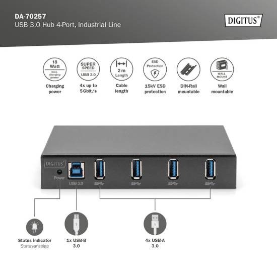 Hub USB 3.0 4-portowy przemysłowy metalowa obudowa aktywny Digitus DA-70257
