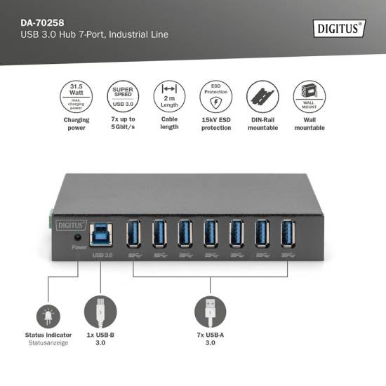 Hub USB 3.0 7-portowy przemysłowy metalowa obudowa aktywny Digitus DA-70258