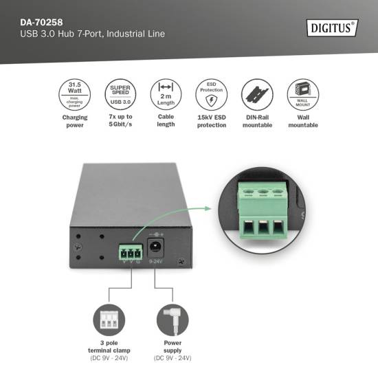 Hub USB 3.0 7-portowy przemysłowy metalowa obudowa aktywny Digitus DA-70258