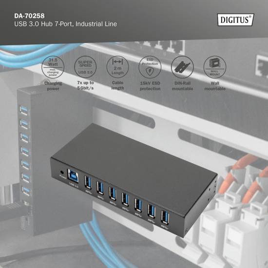 Hub USB 3.0 7-portowy przemysłowy metalowa obudowa aktywny Digitus DA-70258