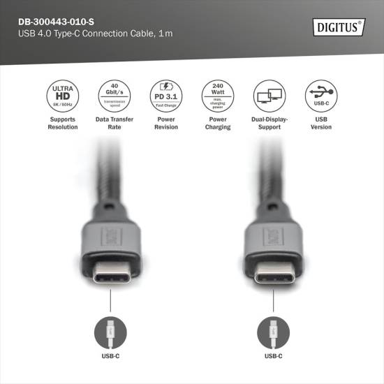 Kabel USB C 4.0 PowerDelivery 240W 40Gbps 1,0m Digitus DB-300443-010-S