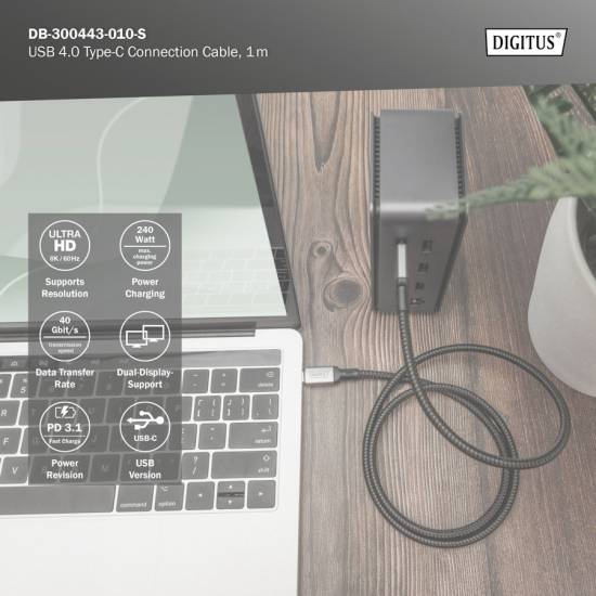 Kabel USB C 4.0 PowerDelivery 240W 40Gbps 1,0m Digitus DB-300443-010-S