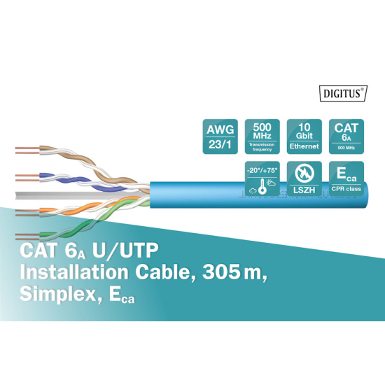 Kabel instalacyjny kat.6A U/UTP Eca AWG 23/1 LSOH 305m niebieski Digitus DK-1613-A-VH-305