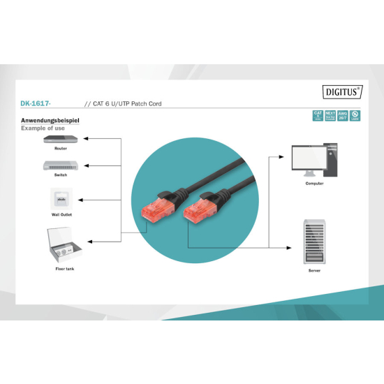 Patch cord U-UTP kat. 6 AWG 26/7 LSOH 10,0m czarny Digitus DK-1617-100/BL