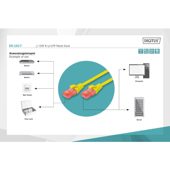 Patch cord U-UTP kat. 6 AWG 26/7 LSOH 3,0m żółty Digitus DK-1617-030/Y