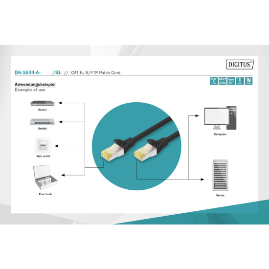 Patch cord S-FTP kat. 6A AWG 26/7 LSOH 7,0m czarny Digitus DK-1644-A-070/BL