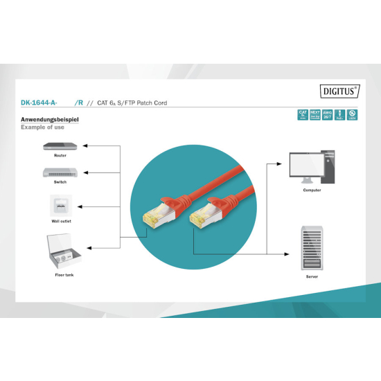 Patch cord S-FTP kat. 6A AWG 26/7 LSOH 10,0m czerwony Digitus DK-1644-A-100/R