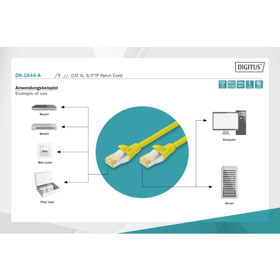 Patch cord S-FTP kat. 6A AWG 26/7 LSOH 2,0m żółty Digitus DK-1644-A-020/Y