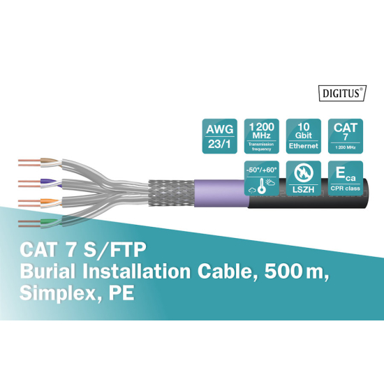 Kabel instalacyjny kat.7 S/FTP Eca AWG 23/1 PE/LSOH 500m zewnętrzny czarny suchy Digitus DK-1741-VH-5-OD