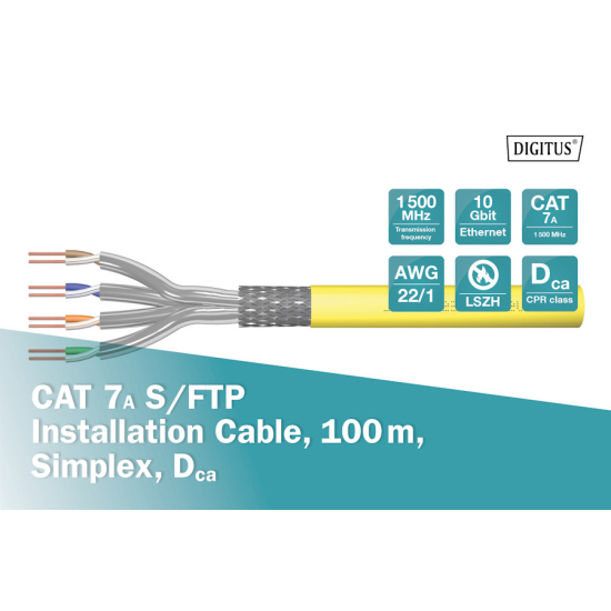 Kabel instalacyjny kat.7A S/FTP Dca AWG 22/1 LSOH 100m żółty Digitus DK-1743-A-VH-1