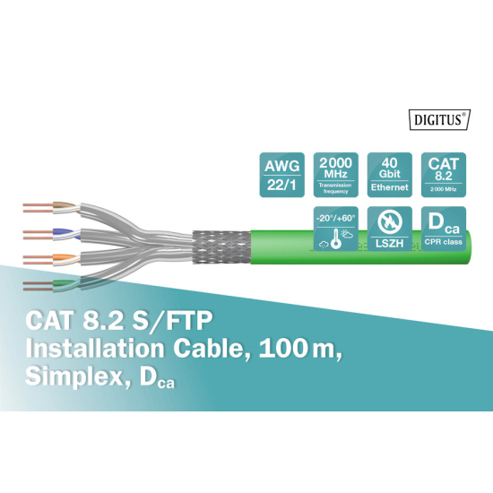 Kabel instalacyjny kat.8.2 S/FTP Dca AWG 22/1 LSOH 100m zielony Digitus DK-1843-VH-1