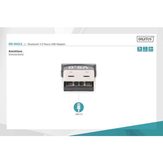 Adapter USB Bluetooth 5.0 Class 2 EDR USB 2.0 EDR Digitus DN-30211