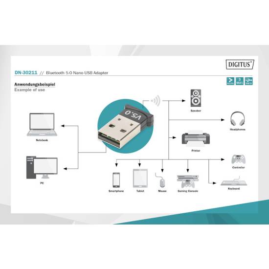 Adapter USB Bluetooth 5.0 Class 2 EDR USB 2.0 EDR Digitus DN-30211