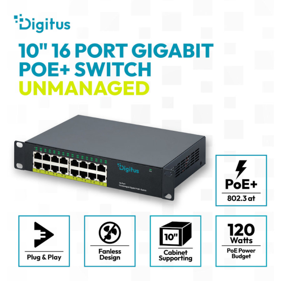 Switch Digitus DN-95334 x16 10/100/1000Mbps PoE+ 120W do szafy 10''