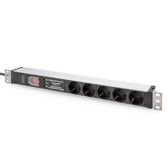 Listwa zasilająca 19" 1U 5-gniazd zabezpieczenie przeciwprzepięciowe zintegrowany filtr sieciowy kabel 2m Digitus DN-95433