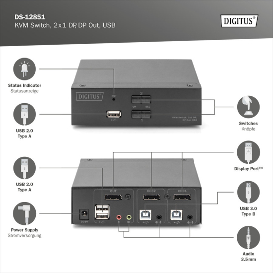 Przełącznik KVM DisplayPort 2-portowy Digitus DS-12851
