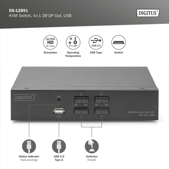 Przełącznik KVM DisplayPort 4-portowy Digitus DS-12891