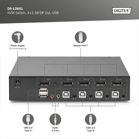 Przełącznik KVM DisplayPort 4-portowy Digitus DS-12891