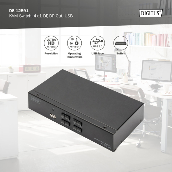 Przełącznik KVM DisplayPort 4-portowy Digitus DS-12891