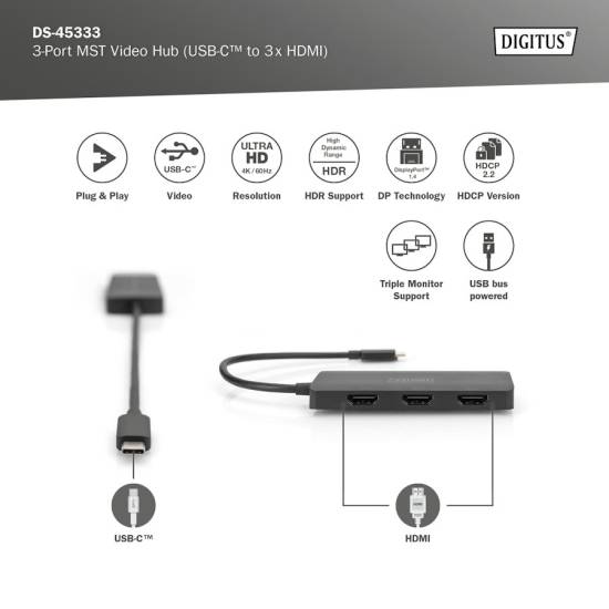 Adapter USB-C -> 3x HDMI MST Digitus DS-45333