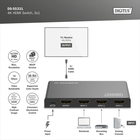 Przełącznik HDMI x3 4K/60Hz UHD HDR 18 Gbps HDCP 2.2 Digitus DS-55331