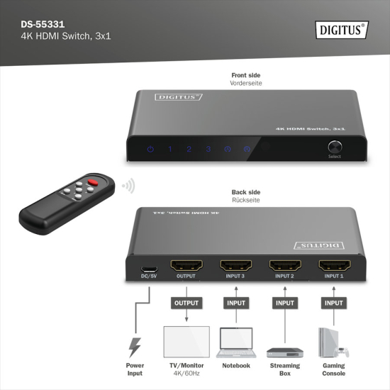 Przełącznik HDMI x3 4K/60Hz UHD HDR 18 Gbps HDCP 2.2 Digitus DS-55331