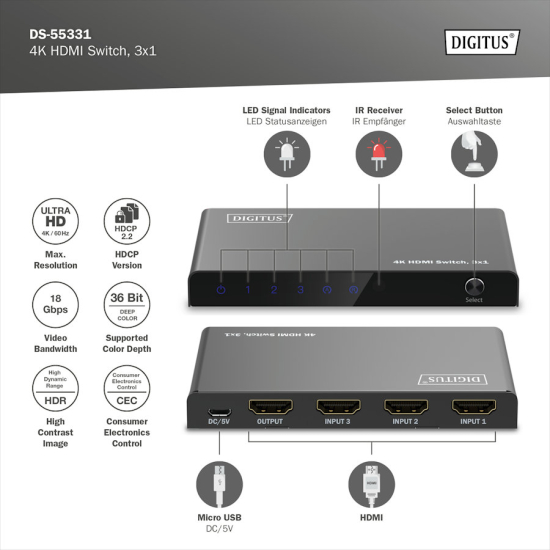 Przełącznik HDMI x3 4K/60Hz UHD HDR 18 Gbps HDCP 2.2 Digitus DS-55331