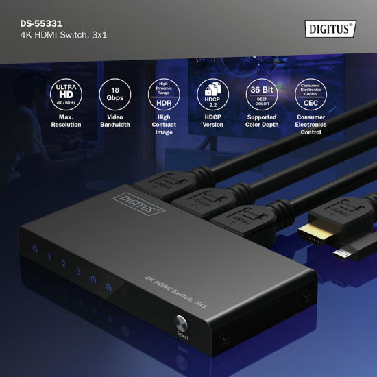 Przełącznik HDMI x3 4K/60Hz UHD HDR 18 Gbps HDCP 2.2 Digitus DS-55331