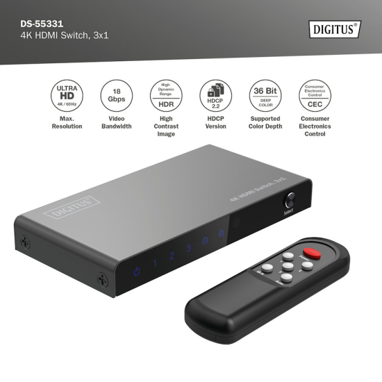 Przełącznik HDMI x3 4K/60Hz UHD HDR 18 Gbps HDCP 2.2 Digitus DS-55331