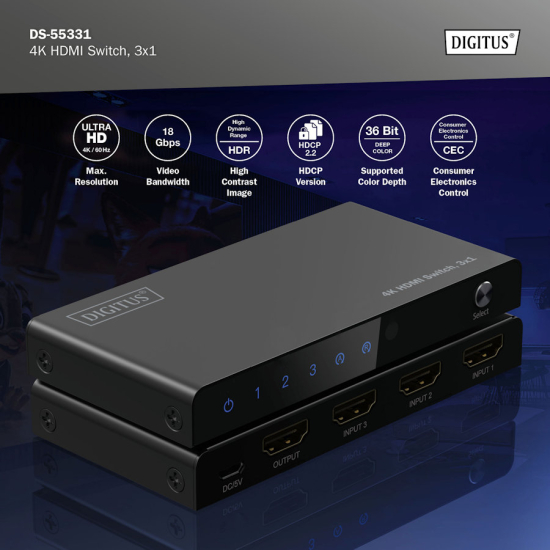 Przełącznik HDMI x3 4K/60Hz UHD HDR 18 Gbps HDCP 2.2 Digitus DS-55331