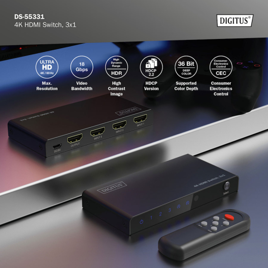 Przełącznik HDMI x3 4K/60Hz UHD HDR 18 Gbps HDCP 2.2 Digitus DS-55331