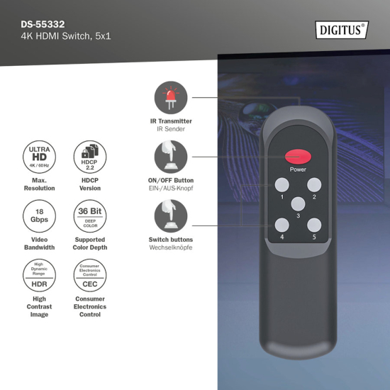 Przełącznik HDMI x5 4K/60Hz UHD HDR 18 Gbps HDCP 2.2 Digitus DS-55332