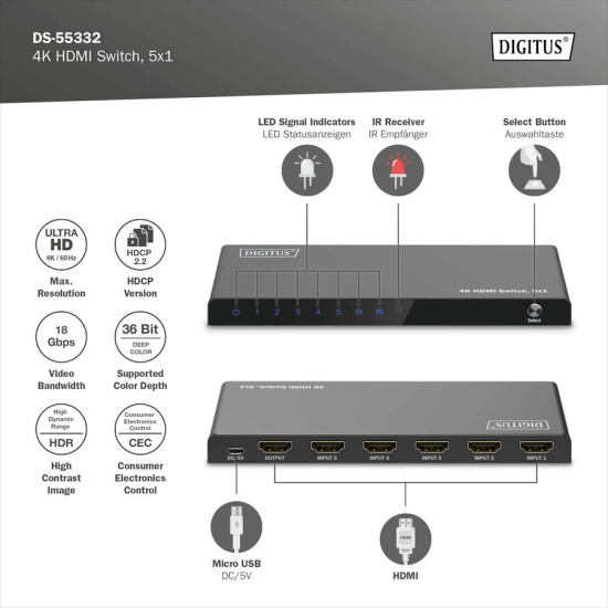 Przełącznik HDMI x5 4K/60Hz UHD HDR 18 Gbps HDCP 2.2 Digitus DS-55332
