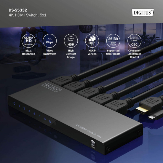 Przełącznik HDMI x5 4K/60Hz UHD HDR 18 Gbps HDCP 2.2 Digitus DS-55332