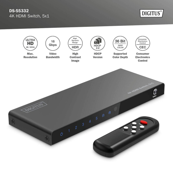 Przełącznik HDMI x5 4K/60Hz UHD HDR 18 Gbps HDCP 2.2 Digitus DS-55332
