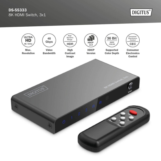 Przełącznik HDMI x3 8K/60Hz HDR 48 Gbps HDCP 2.3 Digitus DS-55333