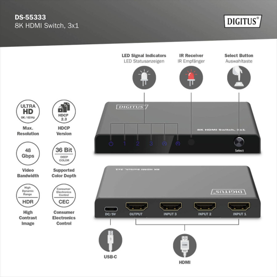 Przełącznik HDMI x3 8K/60Hz HDR 48 Gbps HDCP 2.3 Digitus DS-55333