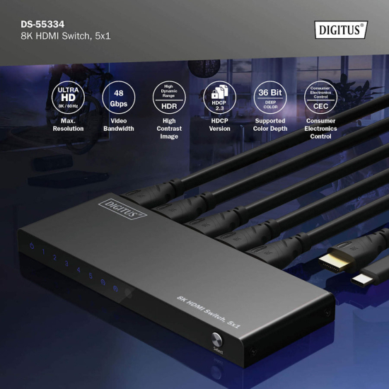 Przełącznik HDMI x5 8K/60Hz HDR 48 Gbps HDCP 2.3 Digitus DS-55334
