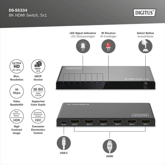 Przełącznik HDMI x5 8K/60Hz HDR 48 Gbps HDCP 2.3 Digitus DS-55334