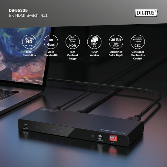 Przełącznik HDMI x4 8K/60Hz HDR 48 Gbps HDCP 2.3 Toslink / Stereo EDID Digitus DS-55335