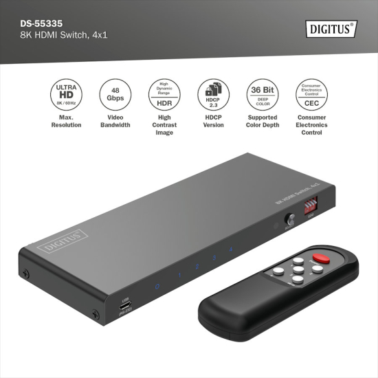 Przełącznik HDMI x4 8K/60Hz HDR 48 Gbps HDCP 2.3 Toslink / Stereo EDID Digitus DS-55335