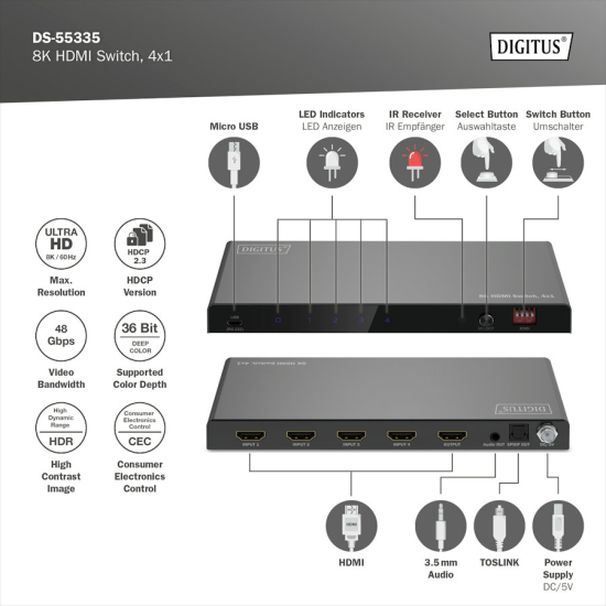 Przełącznik HDMI x4 8K/60Hz HDR 48 Gbps HDCP 2.3 Toslink / Stereo EDID Digitus DS-55335