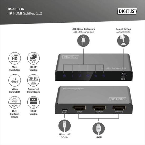 Rozdzielacz HDMI x2 4K Digitus DS-55336